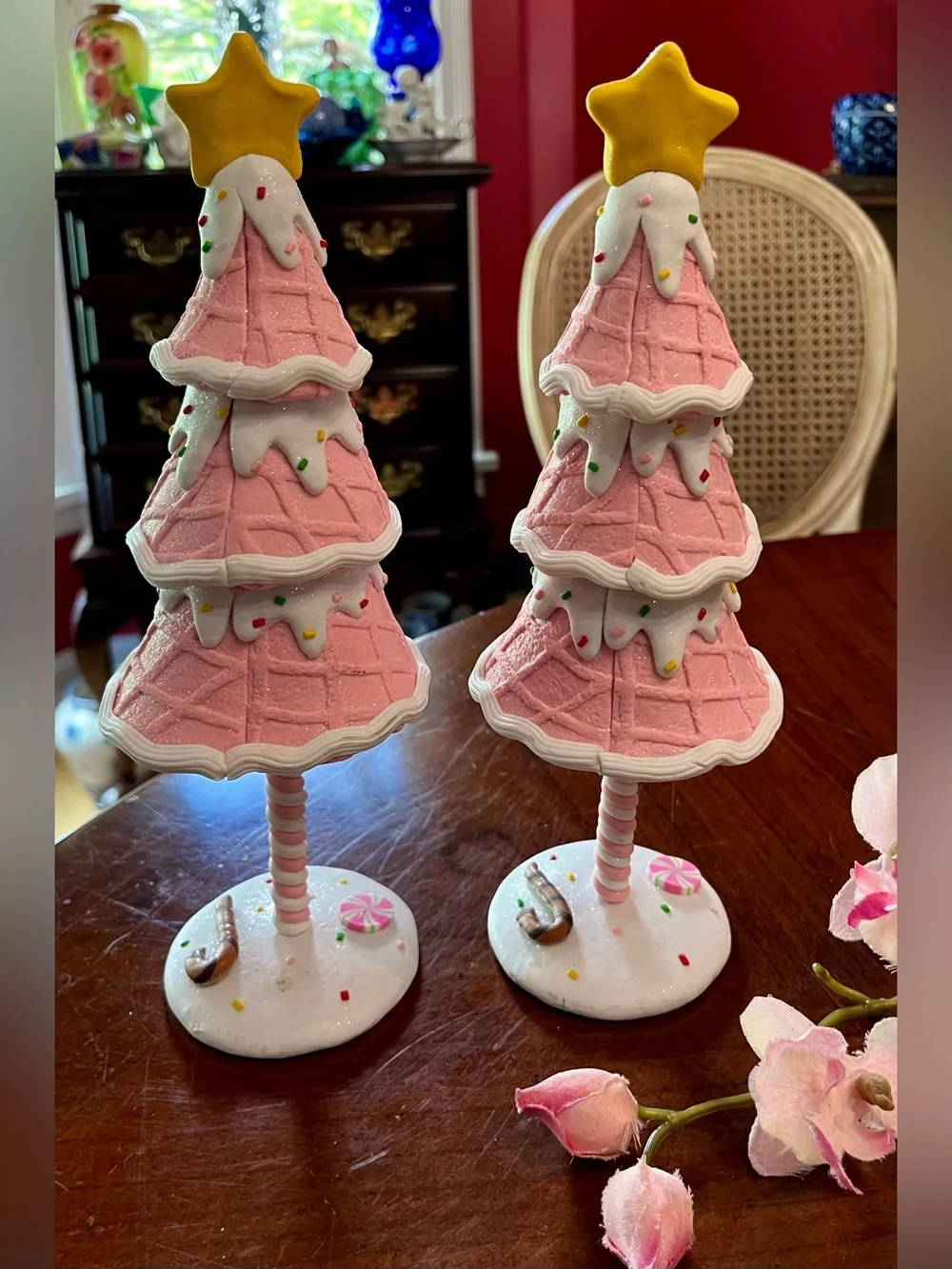 Set of 2 Pink Waffle Cone Christmas Tree Figurines 10